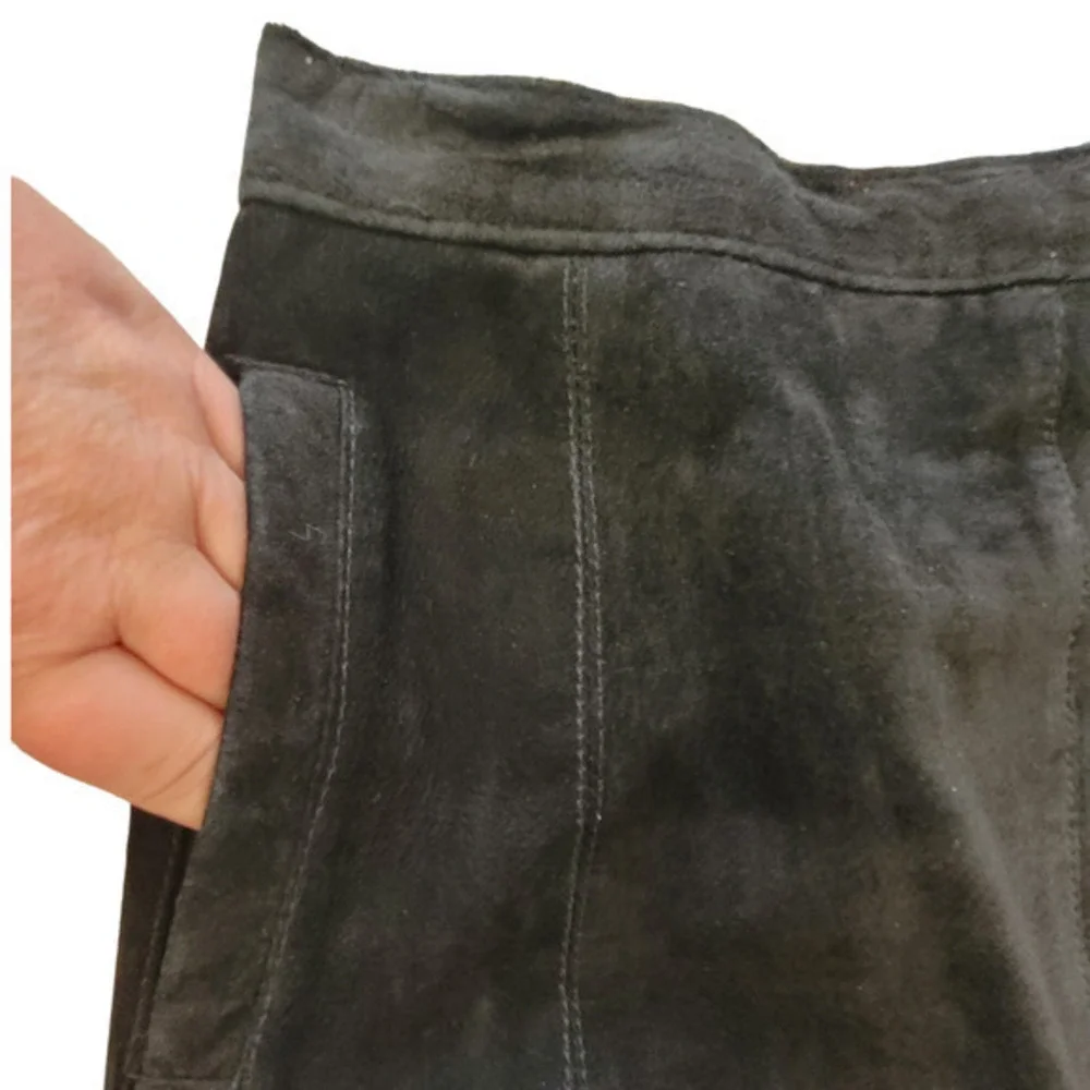 Bianca Vintage Leather Suede Pockets Back‎ Slit zip Modest Straight Midi Skirt